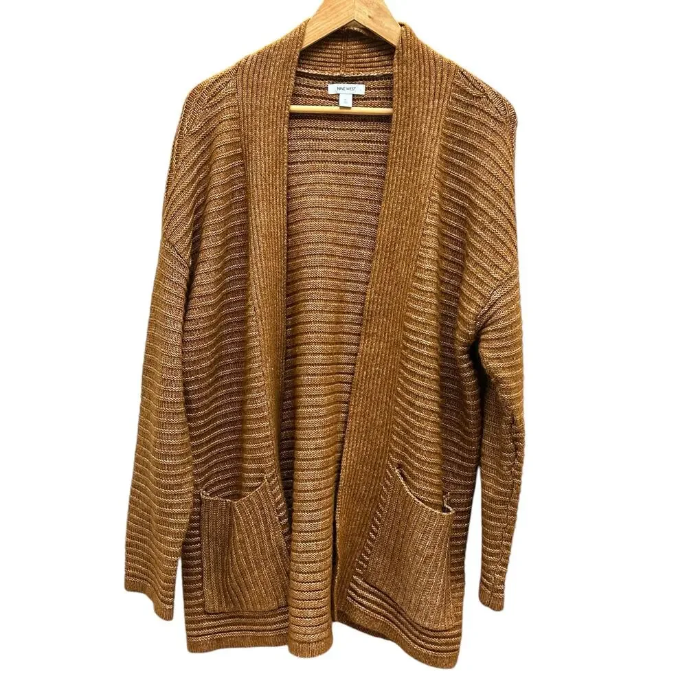 Nine West Brown Open Front Long Cardigan XL Lightweight Knit‎ Layering